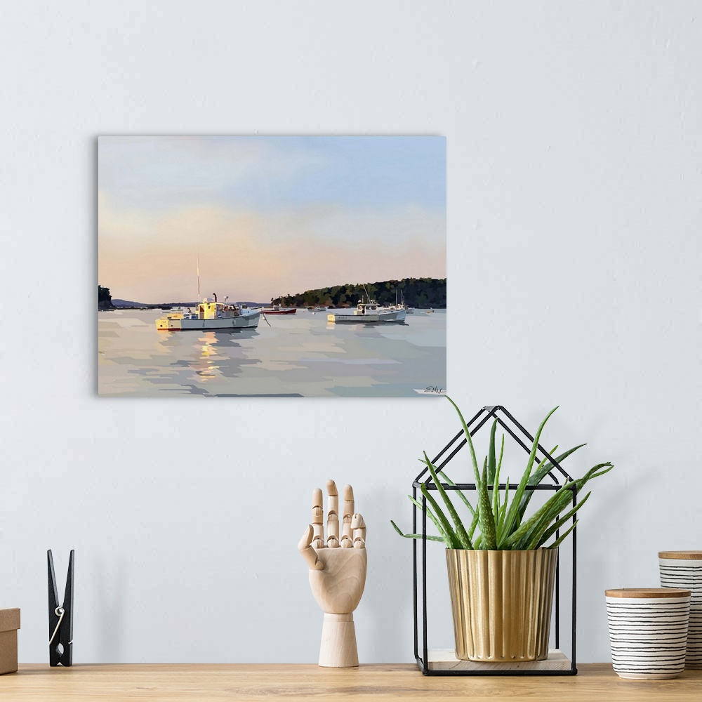 A bohemian room featuring Serene seascape painting of fishing boats on the water at sunset.