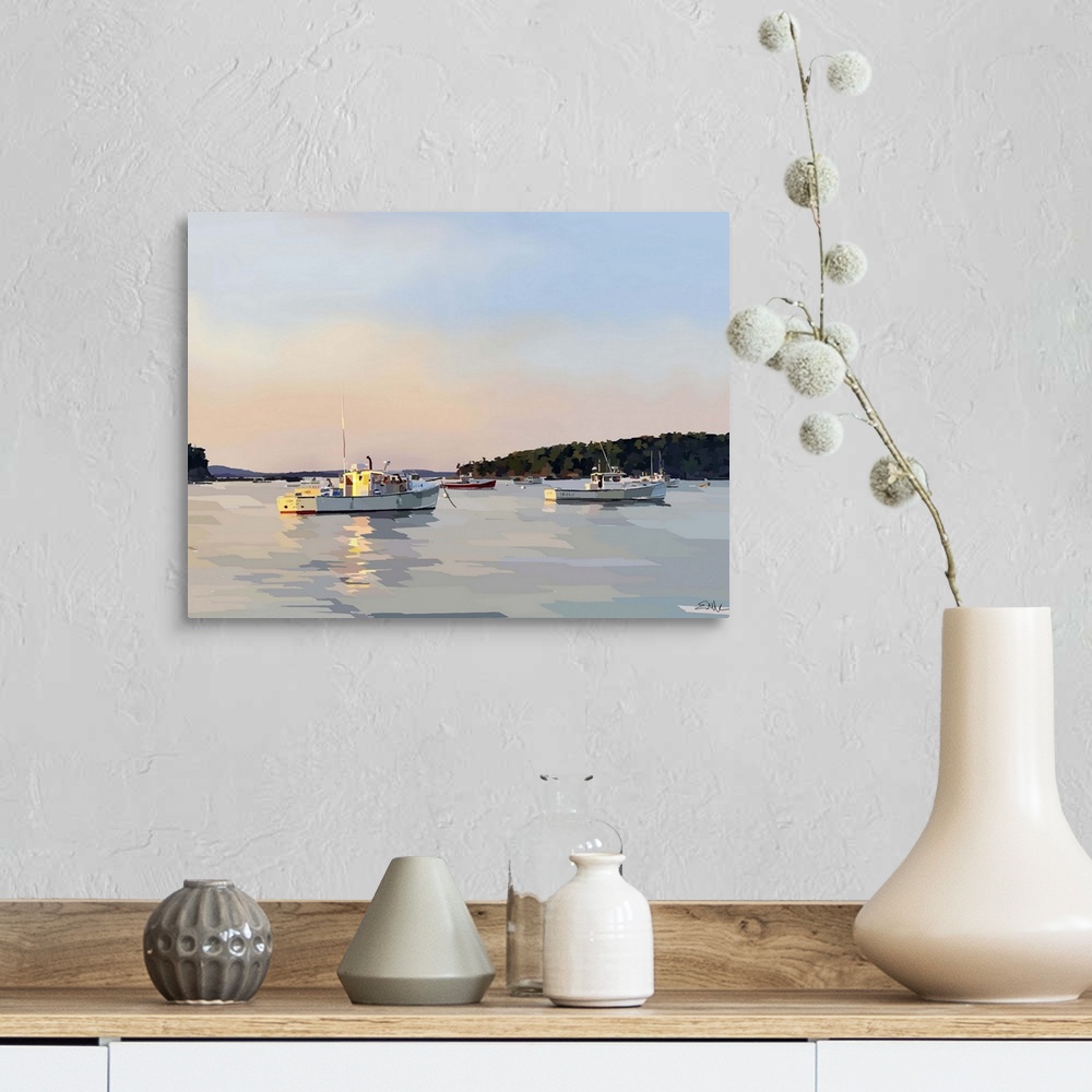 A farmhouse room featuring Serene seascape painting of fishing boats on the water at sunset.