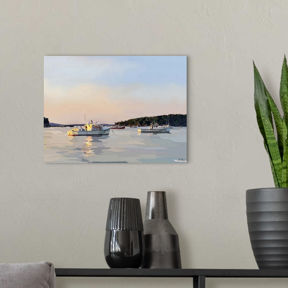 A modern room featuring Serene seascape painting of fishing boats on the water at sunset.