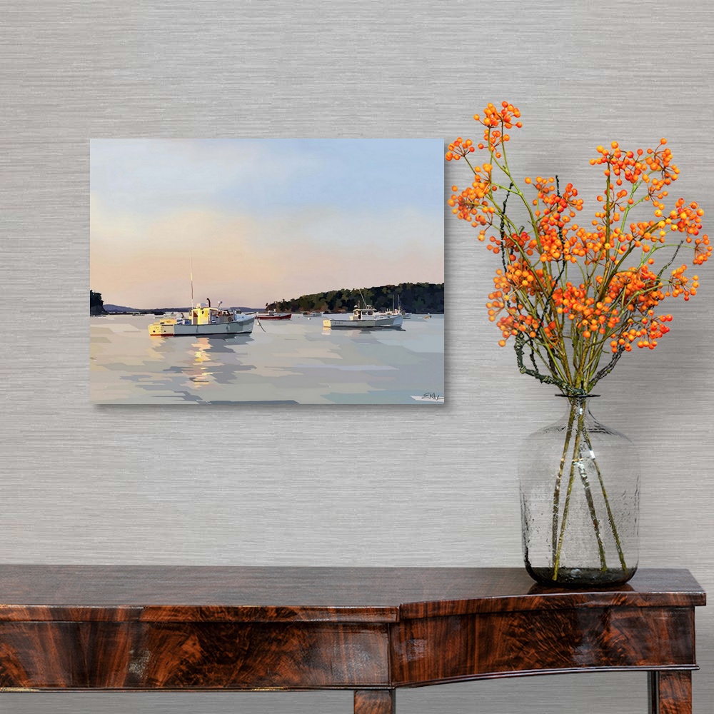 A traditional room featuring Serene seascape painting of fishing boats on the water at sunset.