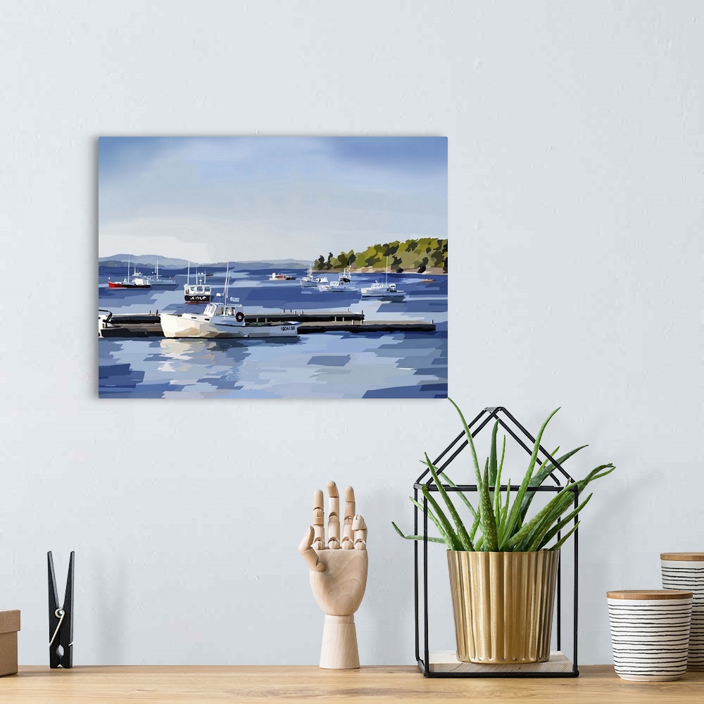A bohemian room featuring Serene seascape painting of fishing boats on the deep blue water in a bay.