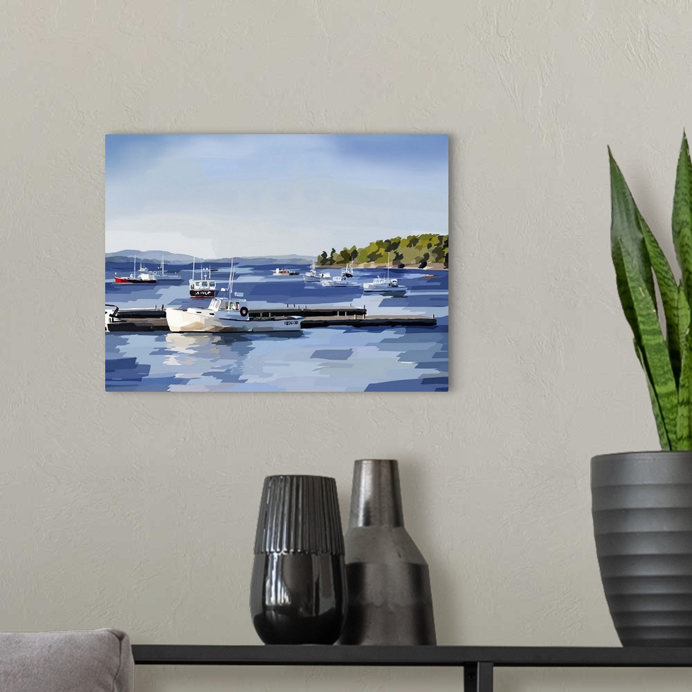 A modern room featuring Serene seascape painting of fishing boats on the deep blue water in a bay.