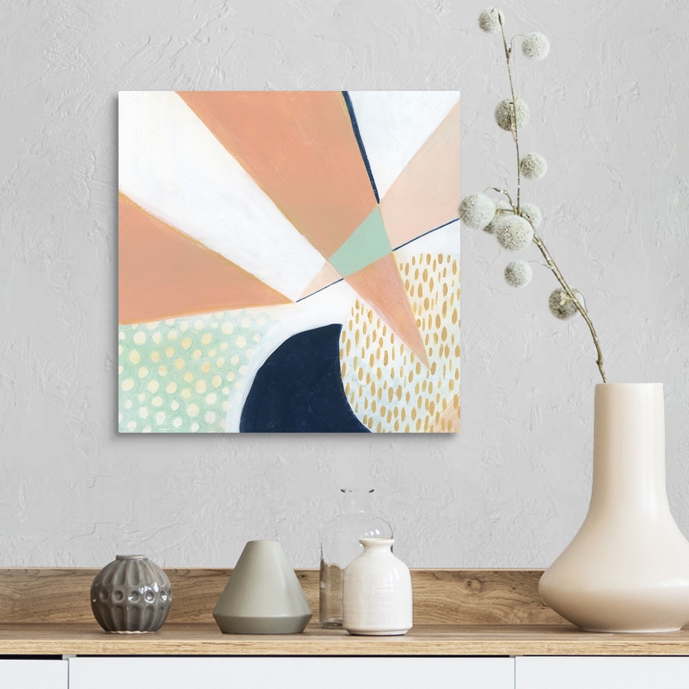 A farmhouse room featuring Square modern abstract of circular and triangle shapes in pastel colors with repetitive spots and...