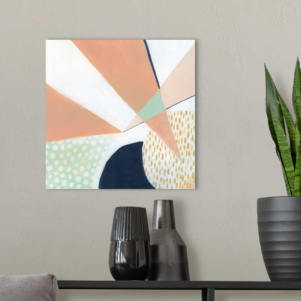 A modern room featuring Square modern abstract of circular and triangle shapes in pastel colors with repetitive spots and...