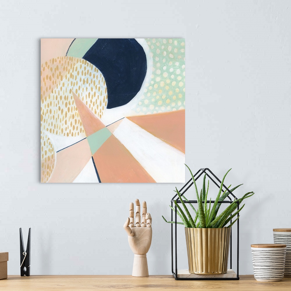 A bohemian room featuring Square modern abstract of circular and triangle shapes in pastel colors with repetitive spots and...