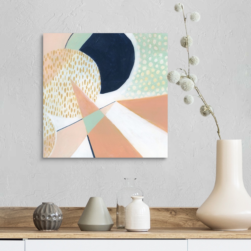 A farmhouse room featuring Square modern abstract of circular and triangle shapes in pastel colors with repetitive spots and...