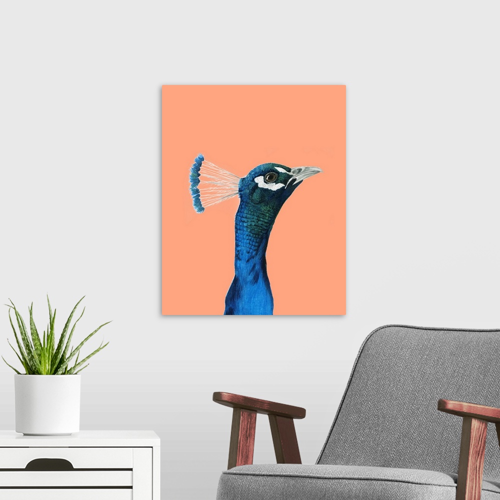 A modern room featuring Peach Peacock Portrait I