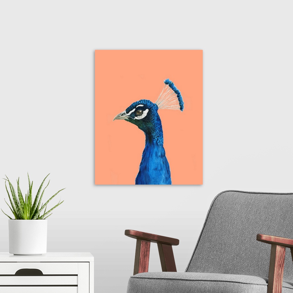 A modern room featuring Peach Peacock Portrait II