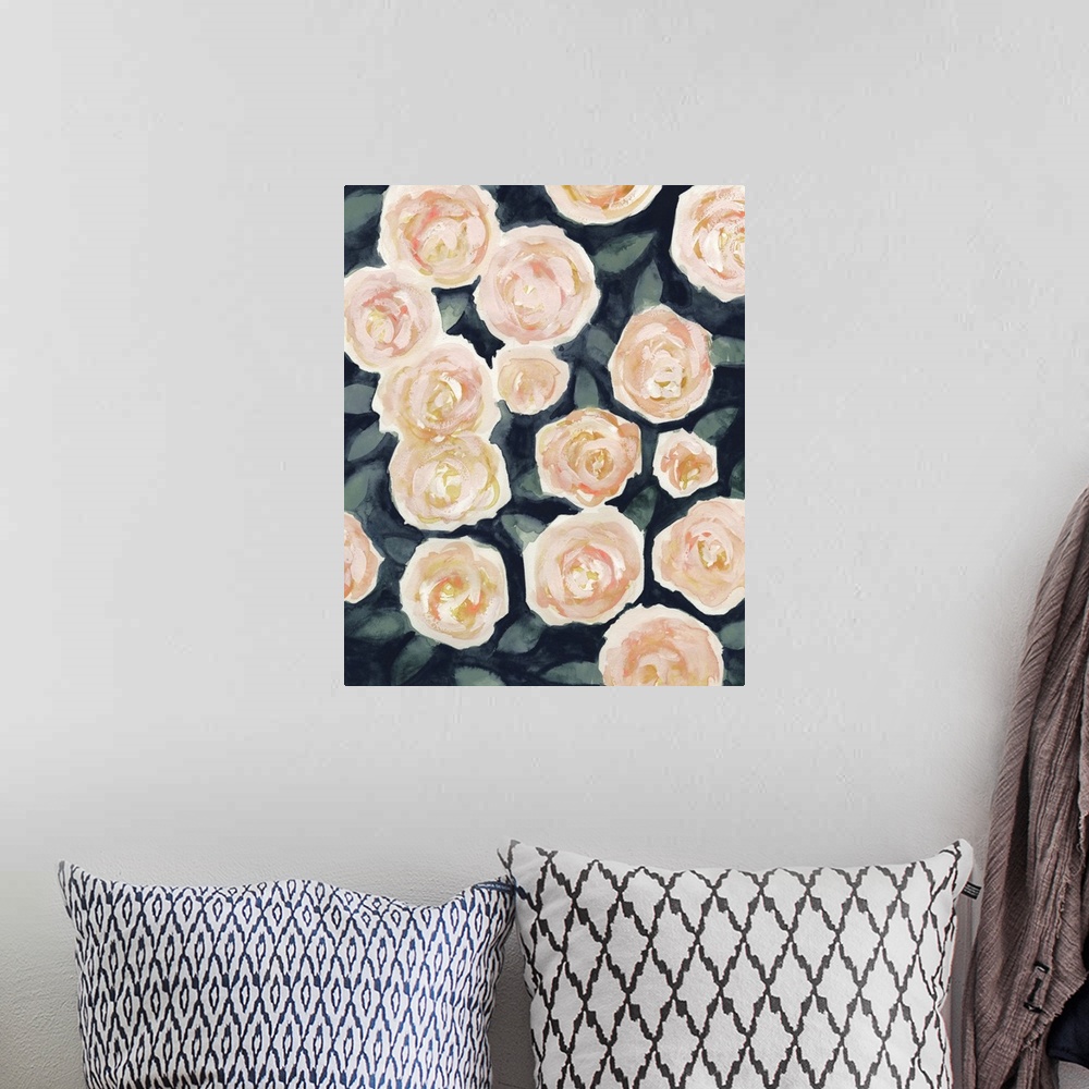 A bohemian room featuring Contemporary painting of peach-colored flowers.