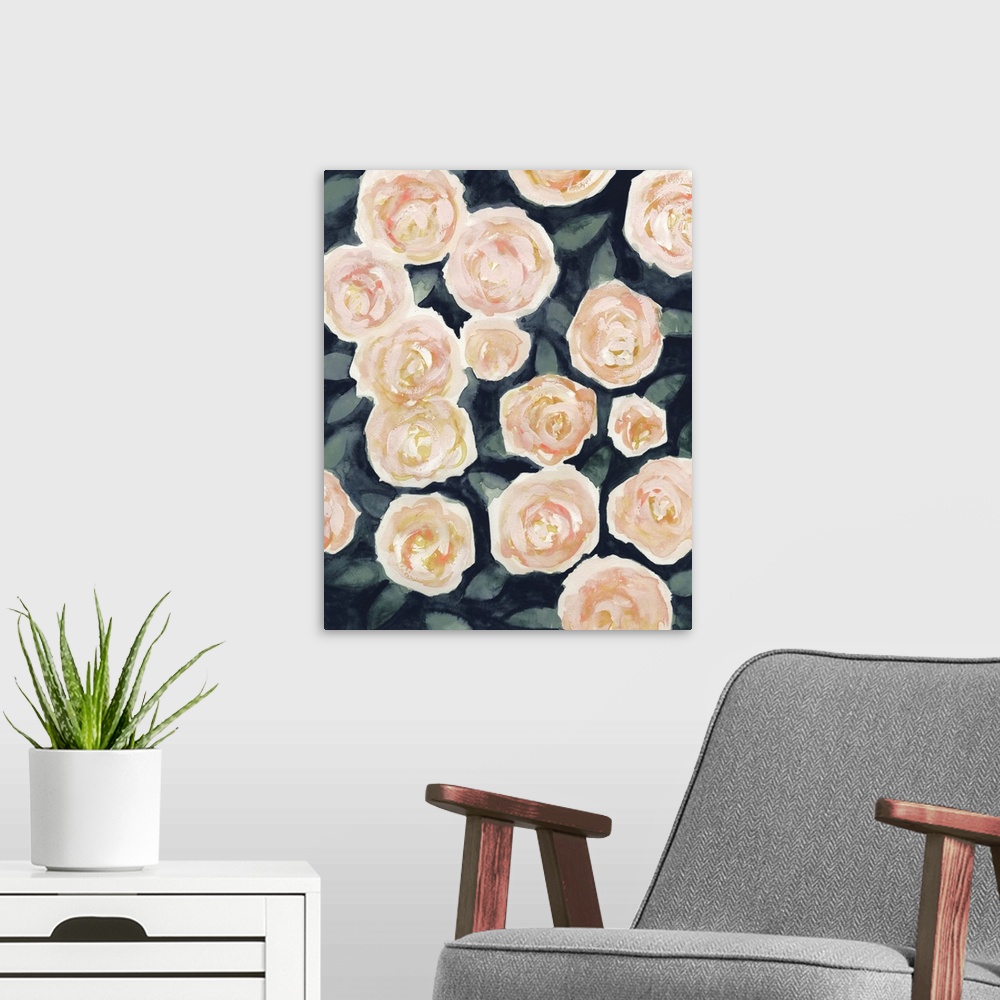 A modern room featuring Contemporary painting of peach-colored flowers.
