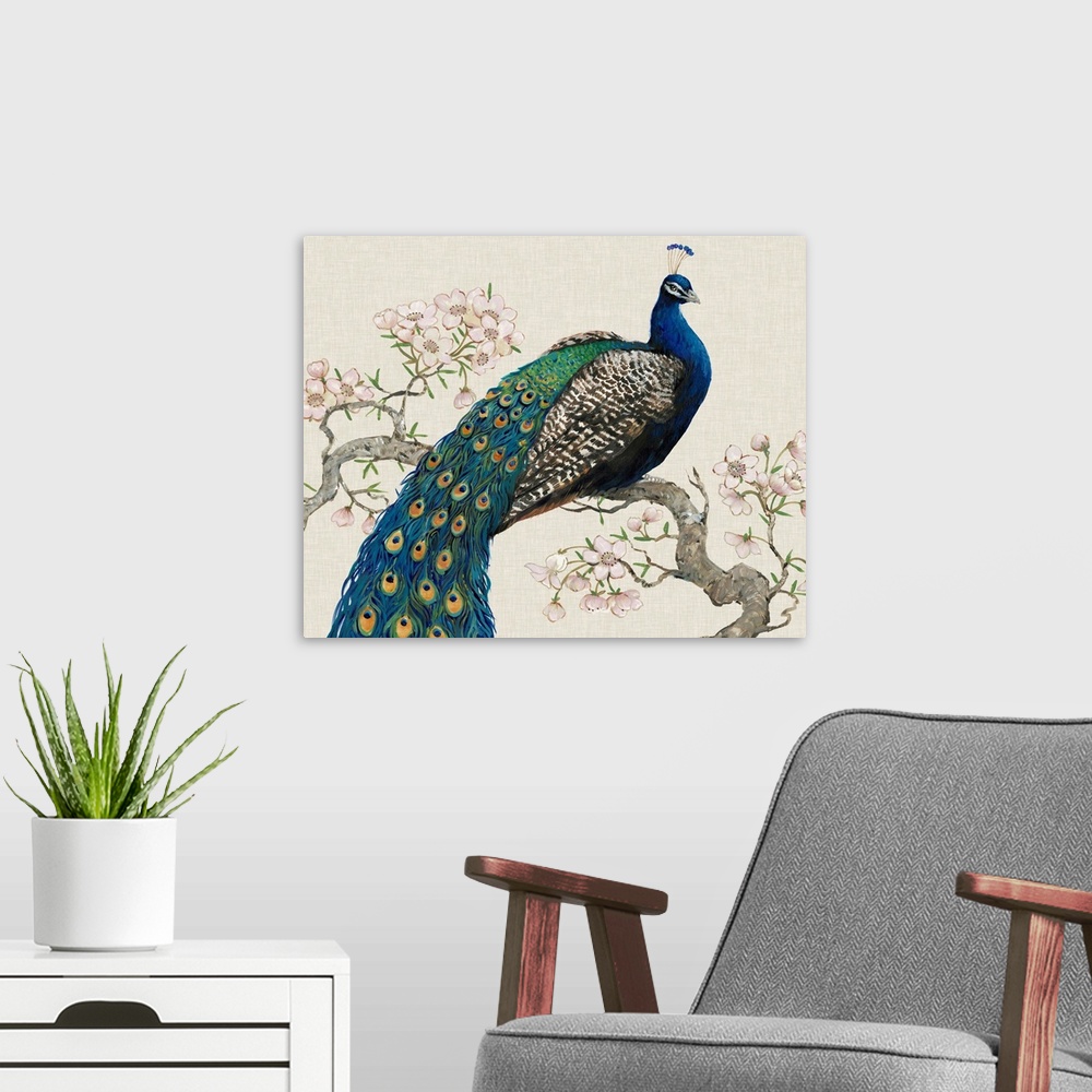 A modern room featuring Peacock and Blossoms I