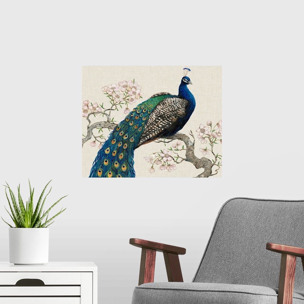 A modern room featuring Peacock and Blossoms I