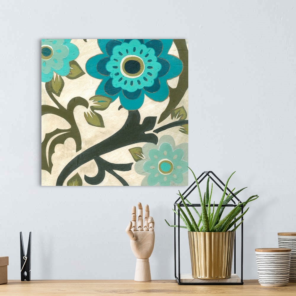 A bohemian room featuring Contemporary painting of blue flowers and pale green stems and vines against a cream background.