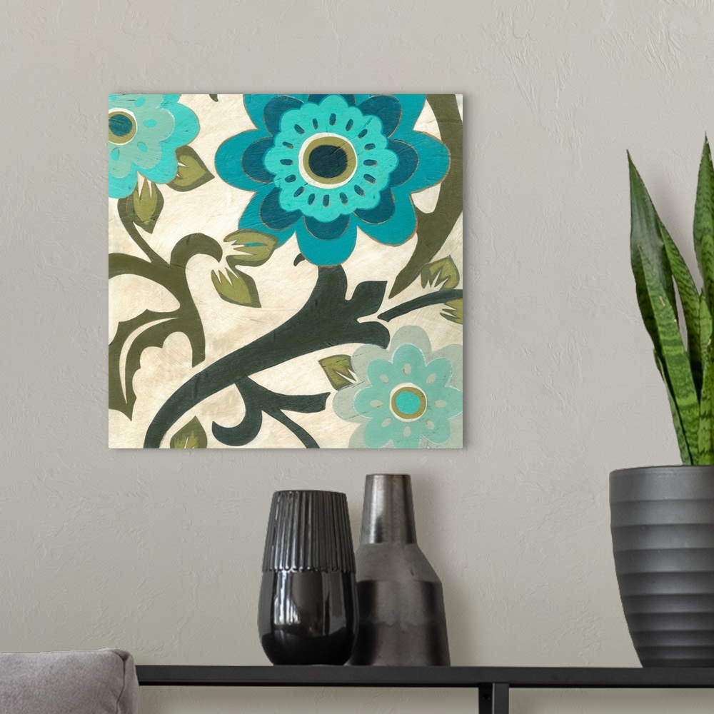 A modern room featuring Contemporary painting of blue flowers and pale green stems and vines against a cream background.