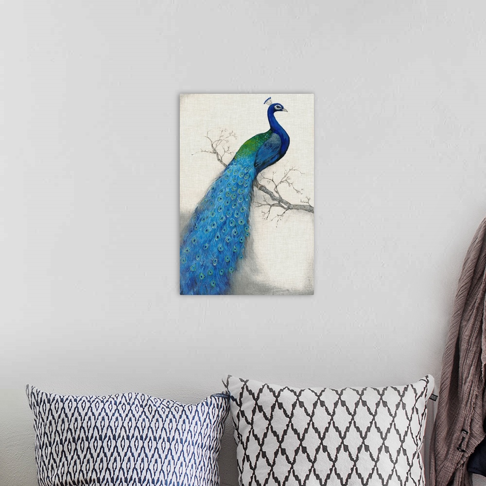 A bohemian room featuring Vertical, large artwork of a vibrant peacock sitting on a branch, its tail feathers flowing downw...