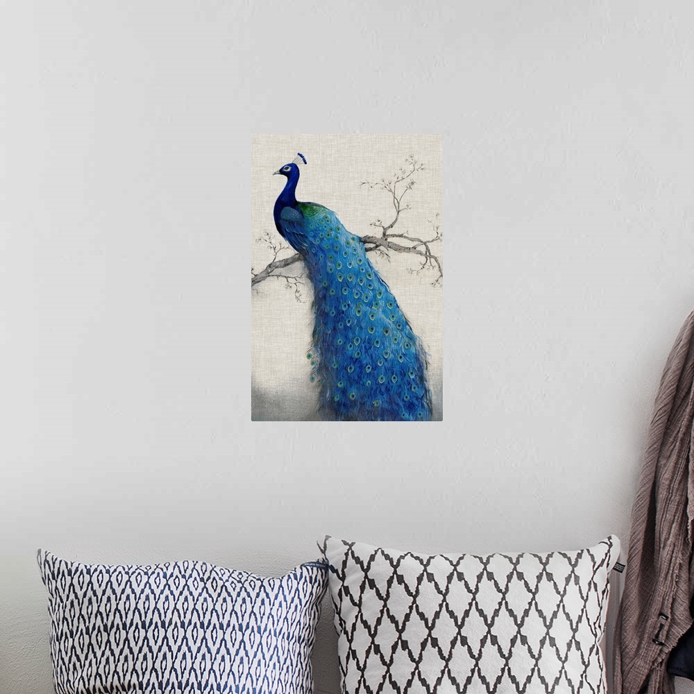 A bohemian room featuring Vertical, large artwork of a vibrant peacock sitting on a branch, its tail feathers flowing downw...