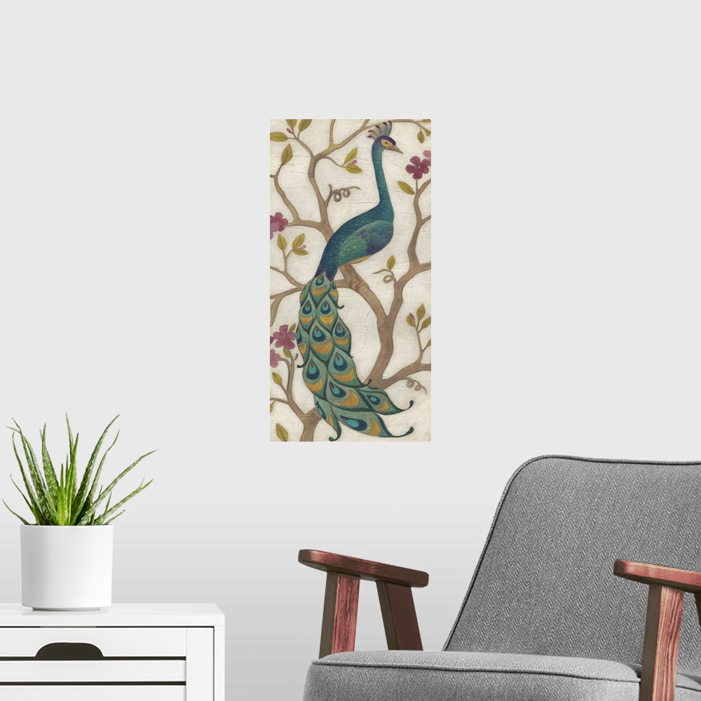A modern room featuring Decorative art of a stylized peacock on a branch.
