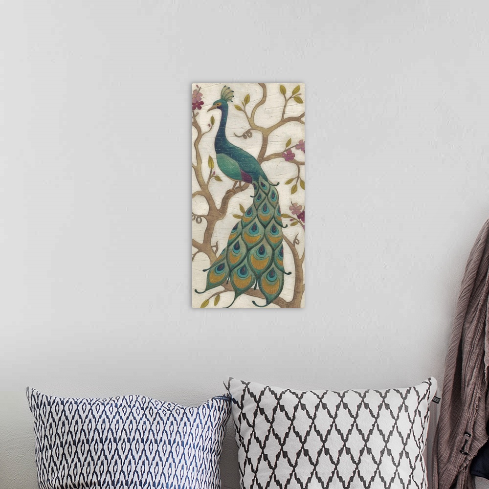 A bohemian room featuring Decorative art of a stylized peacock on a branch.
