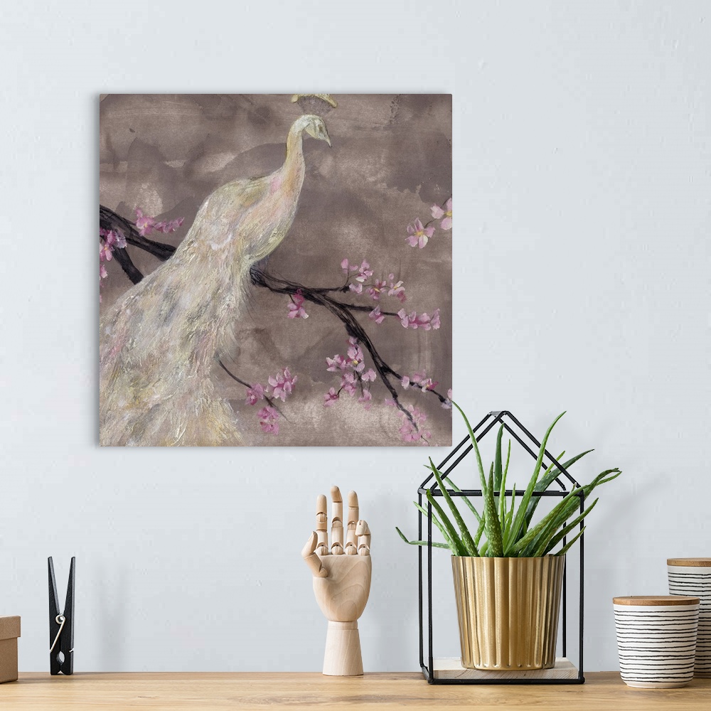 A bohemian room featuring This contemporary artwork depicts an all white peacock that is perched on a branch with small flo...
