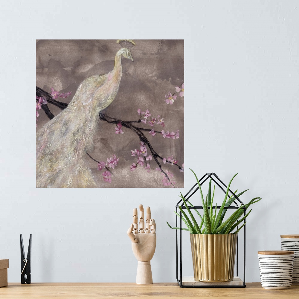 A bohemian room featuring This contemporary artwork depicts an all white peacock that is perched on a branch with small flo...
