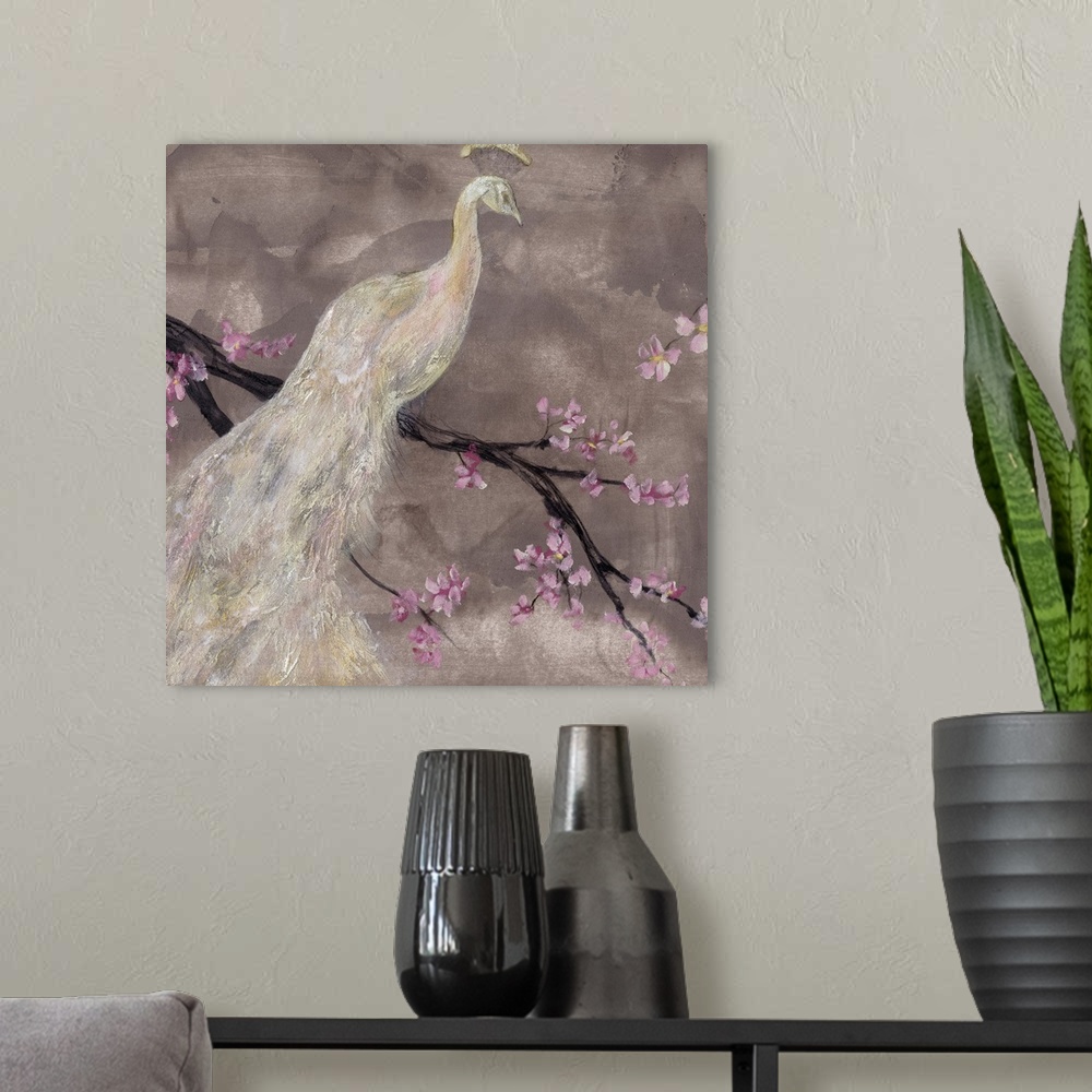 A modern room featuring This contemporary artwork depicts an all white peacock that is perched on a branch with small flo...