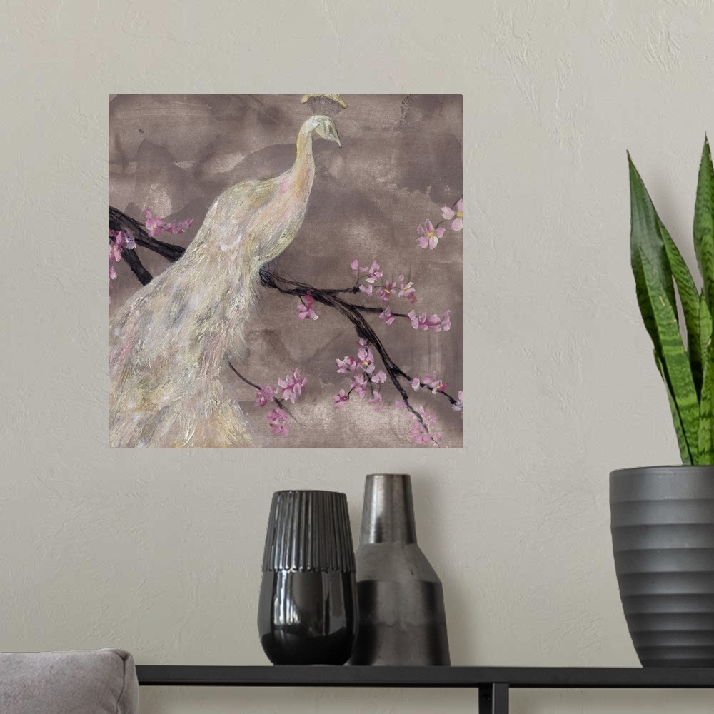 A modern room featuring This contemporary artwork depicts an all white peacock that is perched on a branch with small flo...