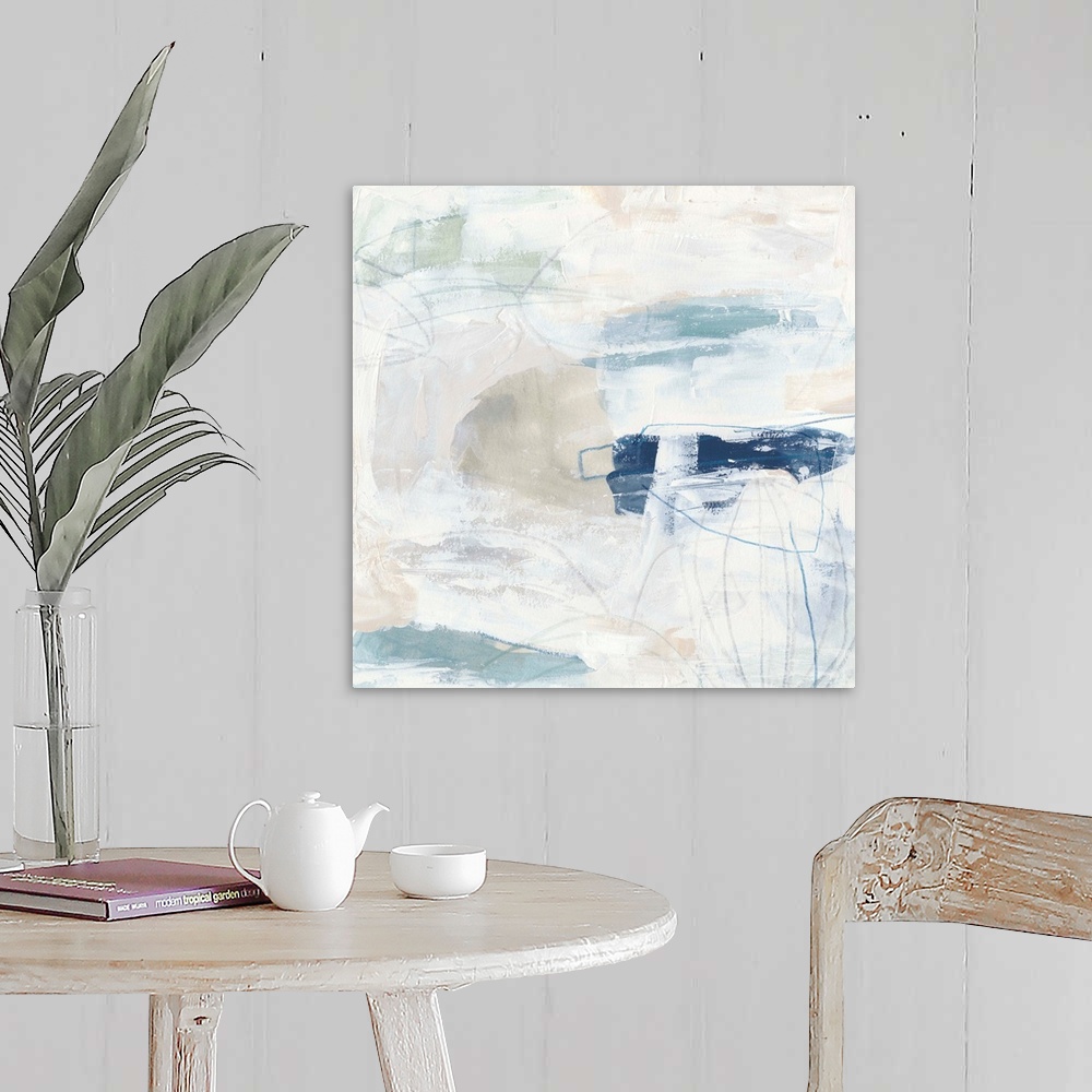 A farmhouse room featuring White, pale blue, and neutral browns come together to construct this abstract painting reminiscen...