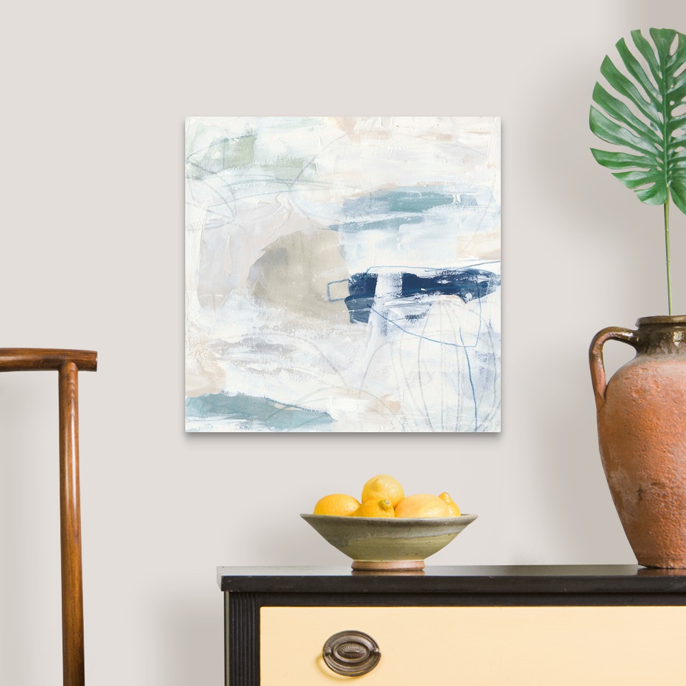 A traditional room featuring White, pale blue, and neutral browns come together to construct this abstract painting reminiscen...