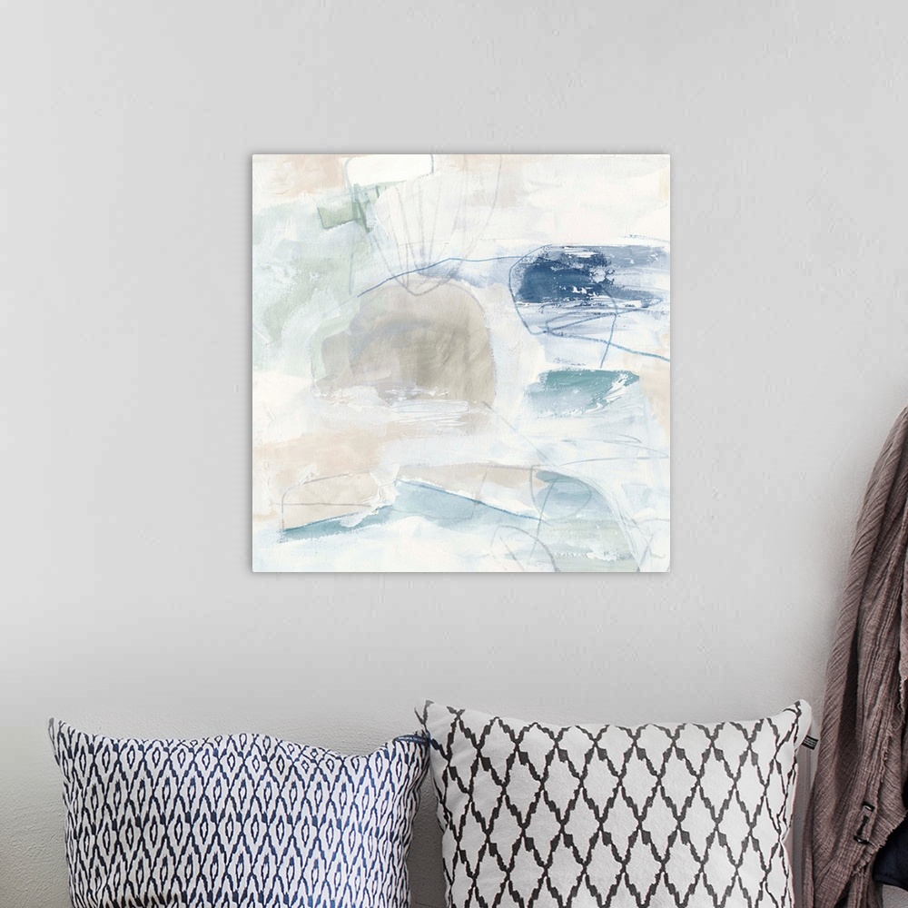A bohemian room featuring White, pale blue, and neutral browns come together to construct this abstract painting reminiscen...