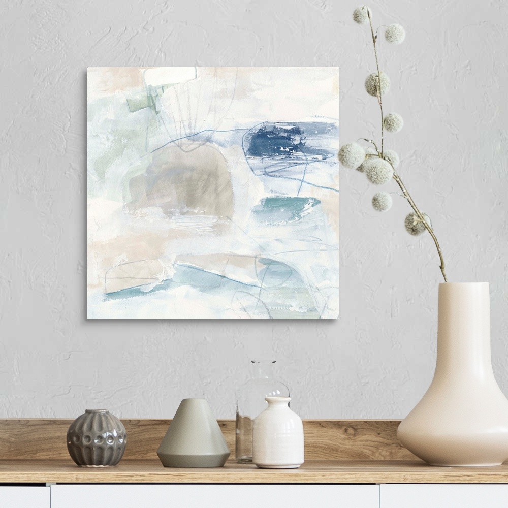 A farmhouse room featuring White, pale blue, and neutral browns come together to construct this abstract painting reminiscen...