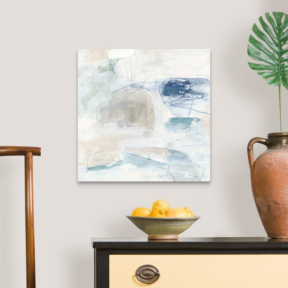 A traditional room featuring White, pale blue, and neutral browns come together to construct this abstract painting reminiscen...