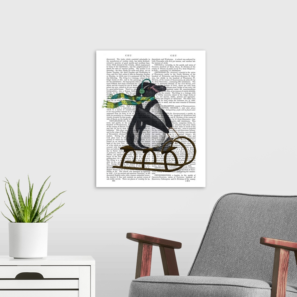 A modern room featuring Decorative art with a penguin riding a sled painted on the page of a book.
