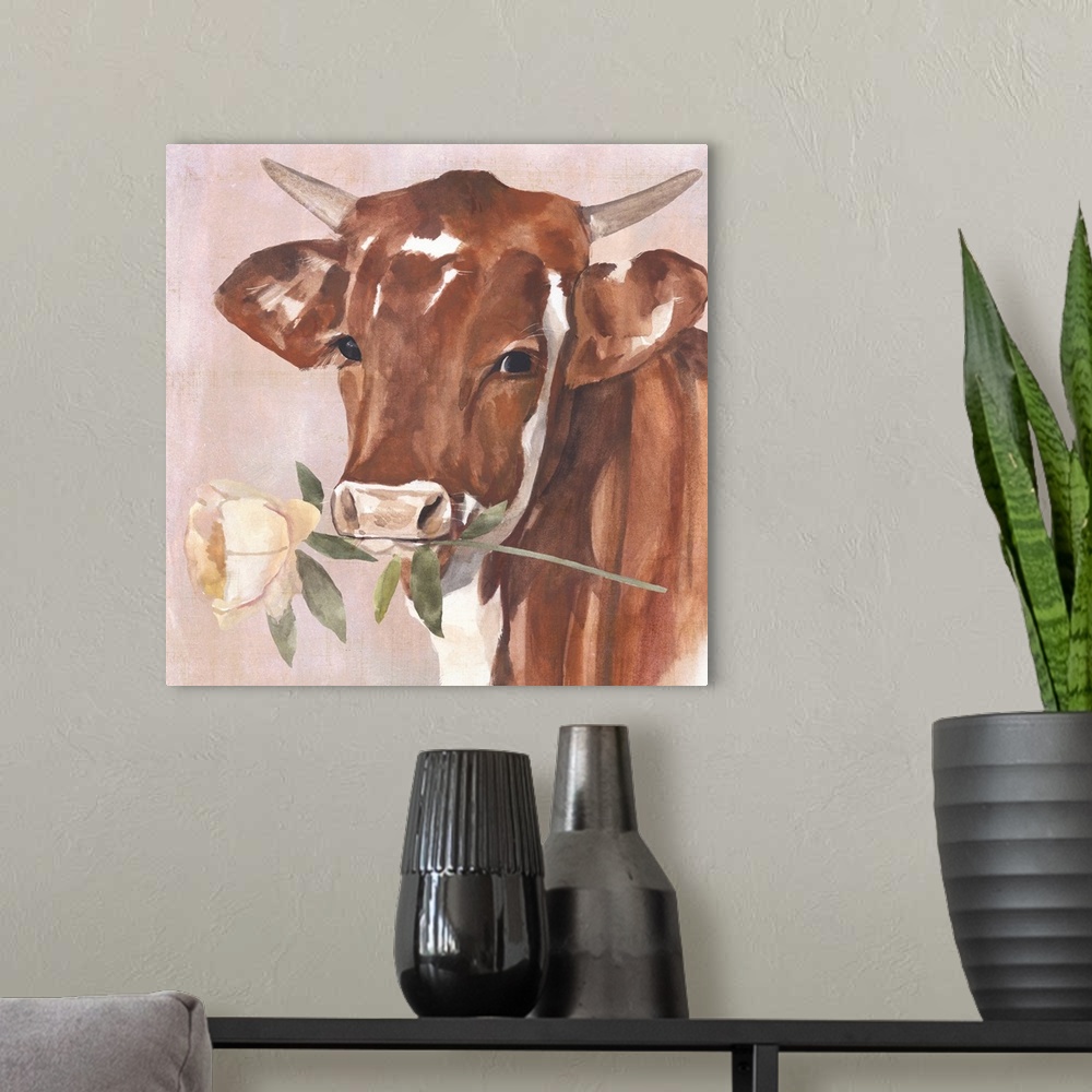 A modern room featuring Peony Cow I