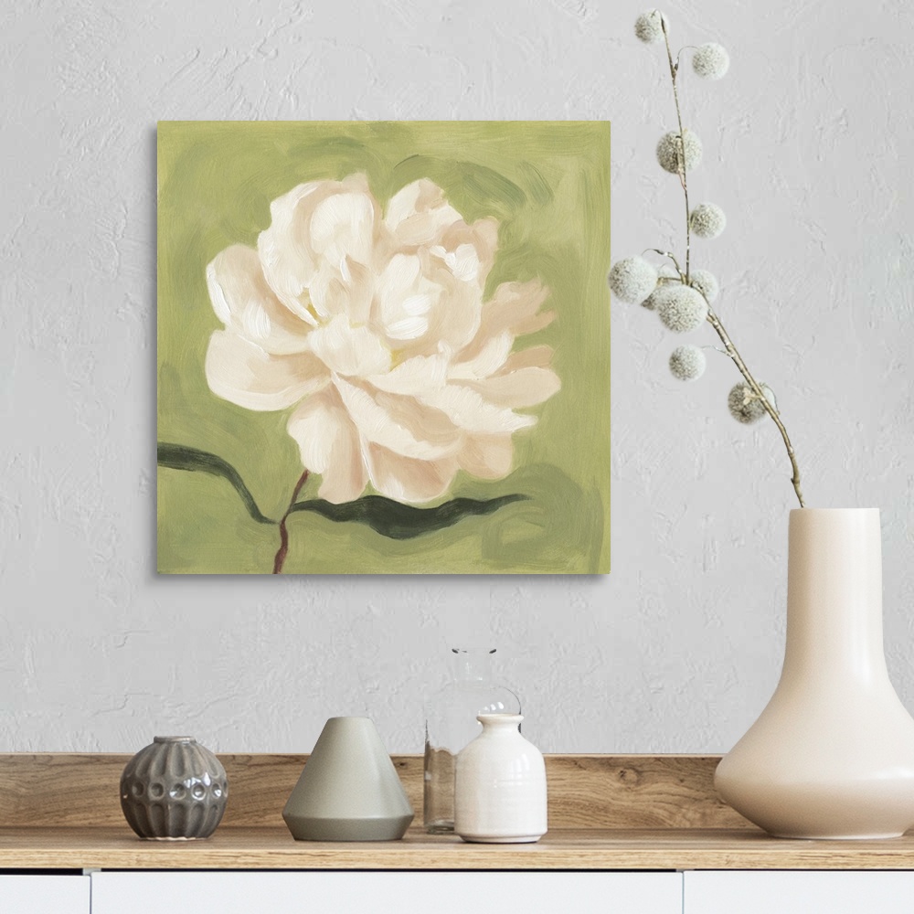 A farmhouse room featuring Contemporary artwork of a peony flower painted in blush and white tones against a green background.