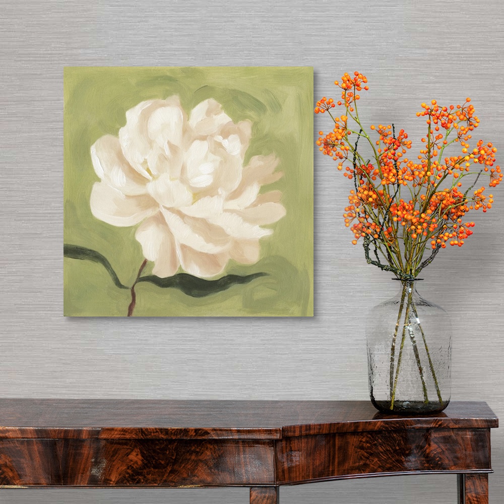 A traditional room featuring Contemporary artwork of a peony flower painted in blush and white tones against a green background.