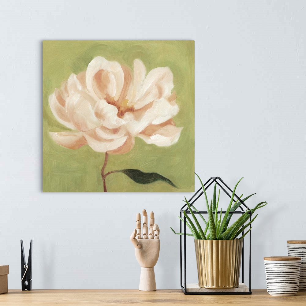 A bohemian room featuring Contemporary artwork of a peony flower painted in blush and white tones against a green background.