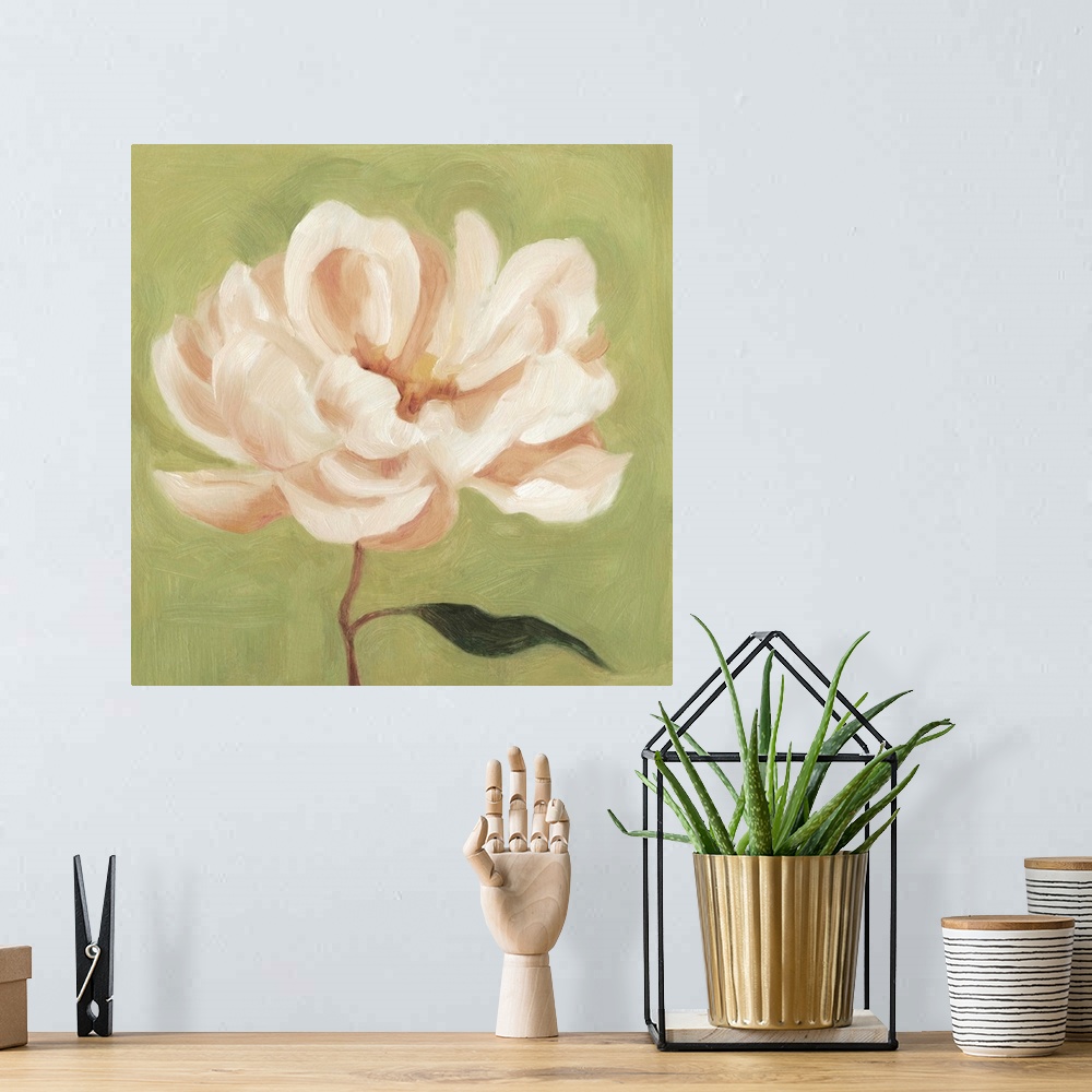 A bohemian room featuring Contemporary artwork of a peony flower painted in blush and white tones against a green background.