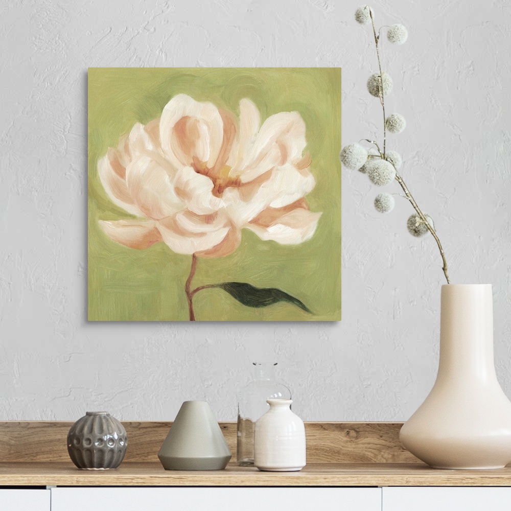 A farmhouse room featuring Contemporary artwork of a peony flower painted in blush and white tones against a green background.