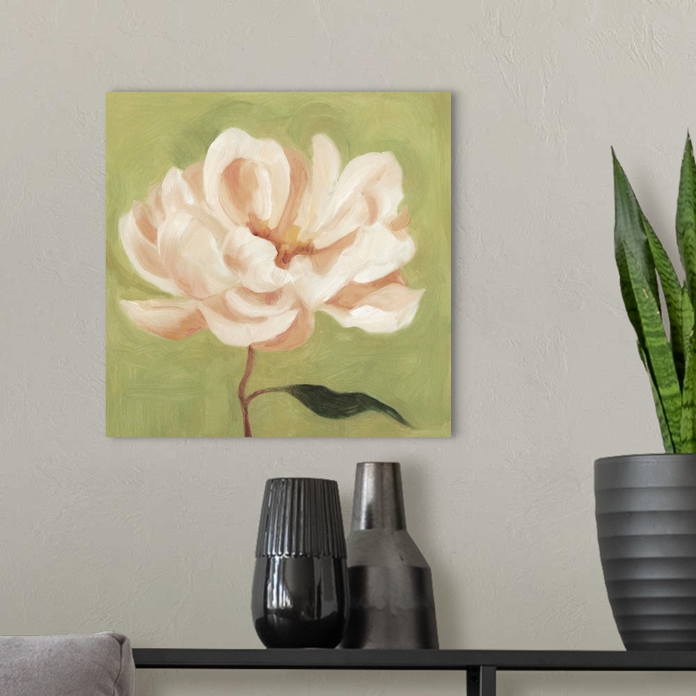 A modern room featuring Contemporary artwork of a peony flower painted in blush and white tones against a green background.