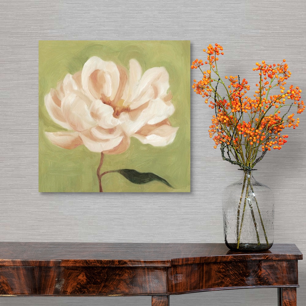 A traditional room featuring Contemporary artwork of a peony flower painted in blush and white tones against a green background.