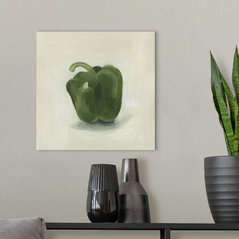 A modern room featuring A still life painting of a green bell pepper on a neutral backdrop.
