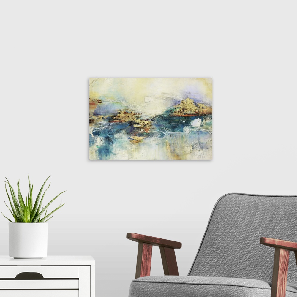 A modern room featuring Thick textured brush strokes in blue and yellow color create this abstract contemporary artwork.