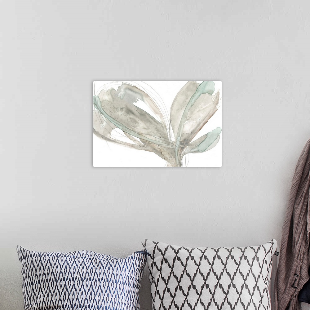 A bohemian room featuring Contemporary painting of large abstracted flower petals in neutral shades.