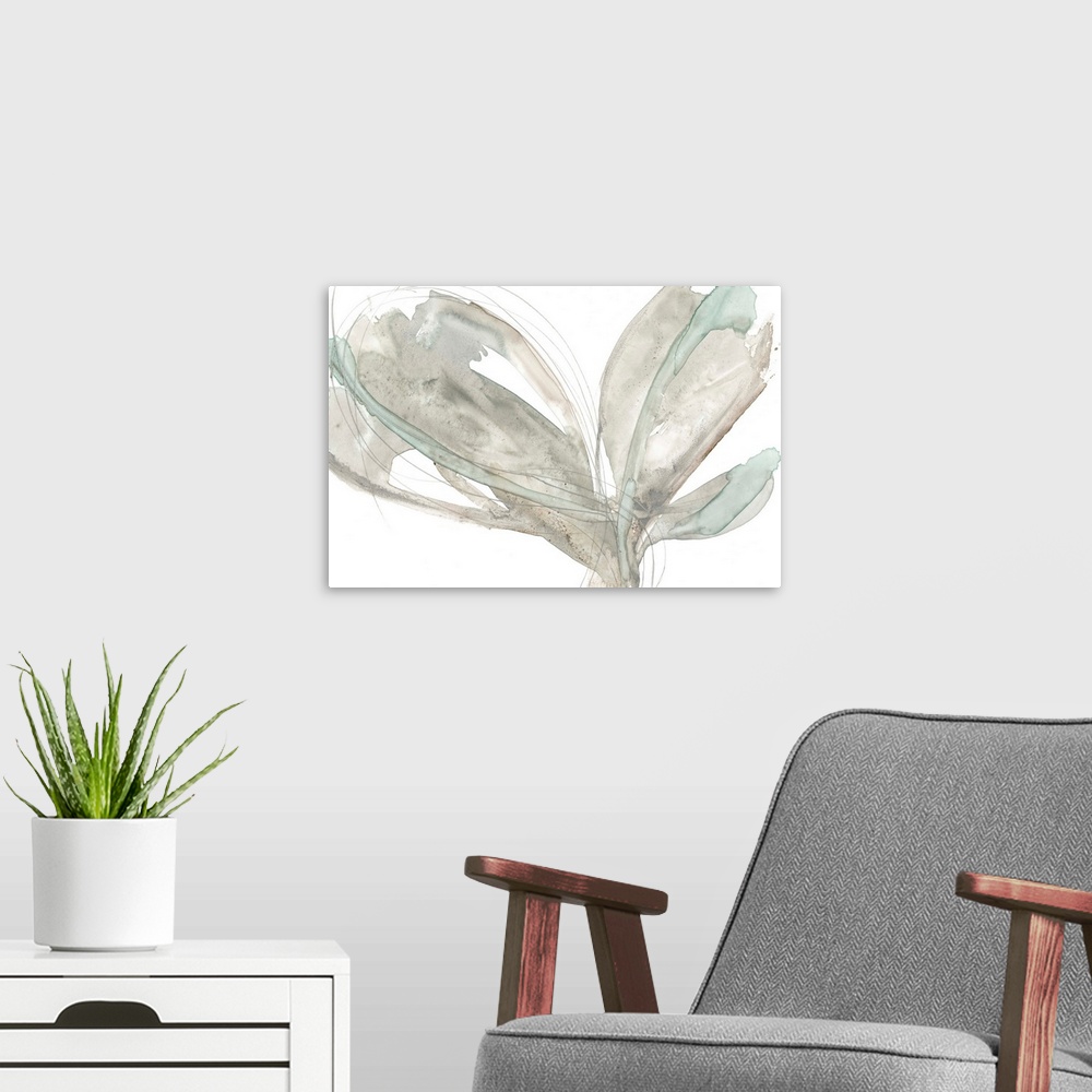 A modern room featuring Contemporary painting of large abstracted flower petals in neutral shades.