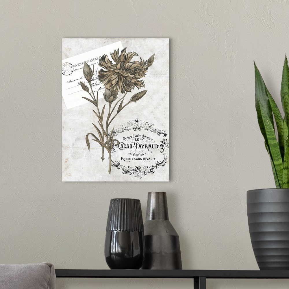 A modern room featuring Decorative artwork of a gold flowers on french stamps and emblems in neutral tones.