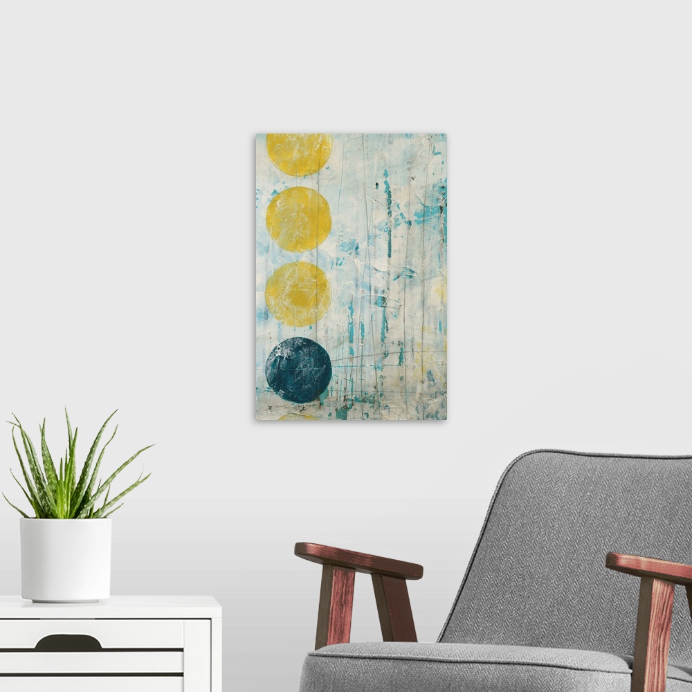 A modern room featuring Contemporary abstract painting using geometric shapes and weathered rustic colors.