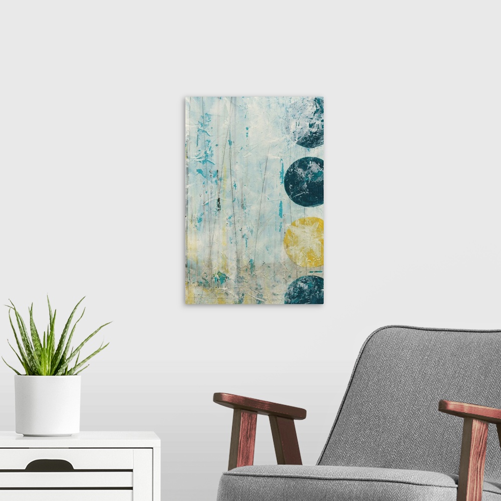 A modern room featuring Contemporary abstract painting using geometric shapes and weathered rustic colors.