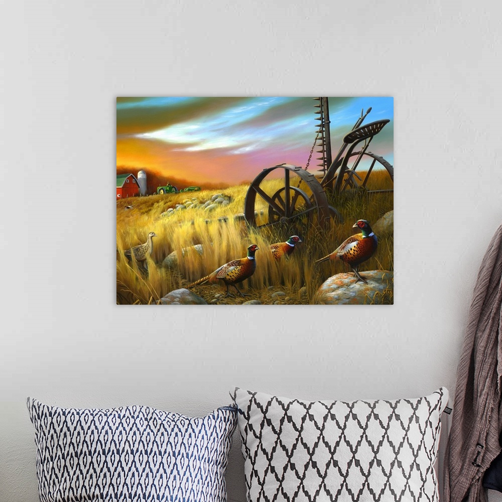 A bohemian room featuring A piece of contemporary artwork of a farm with the barn and a tractor in the background and pheas...
