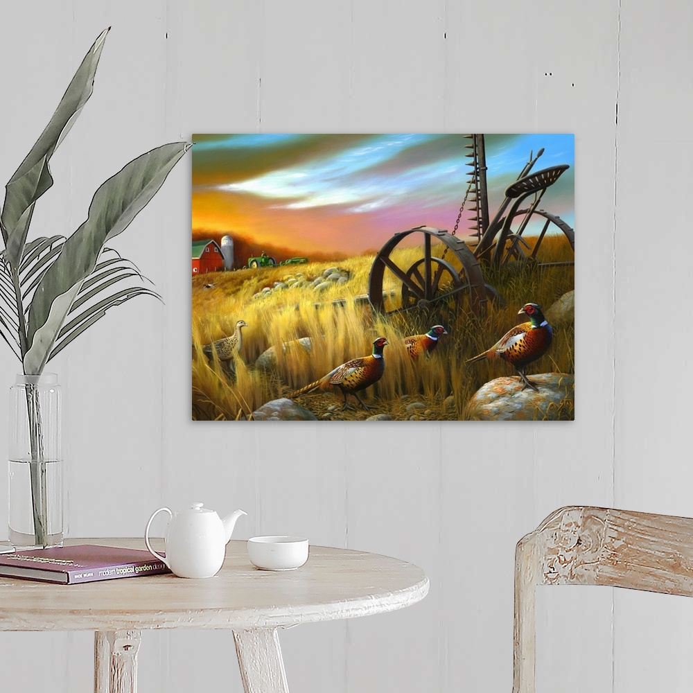 A farmhouse room featuring A piece of contemporary artwork of a farm with the barn and a tractor in the background and pheas...