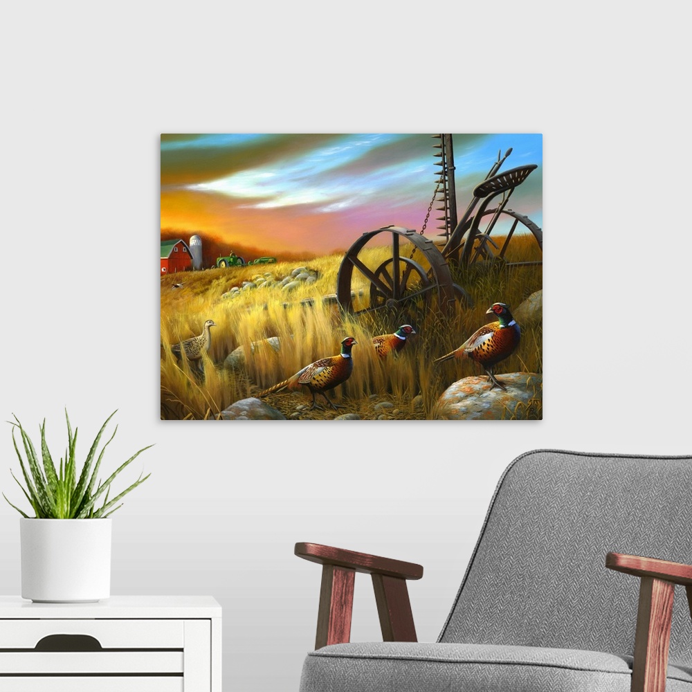 A modern room featuring A piece of contemporary artwork of a farm with the barn and a tractor in the background and pheas...